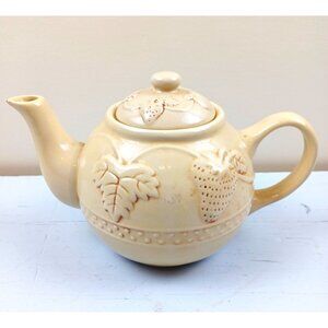 Vintage Creamware Teapot With Embossed Fruit Design & Lid 6-Cup Capacity